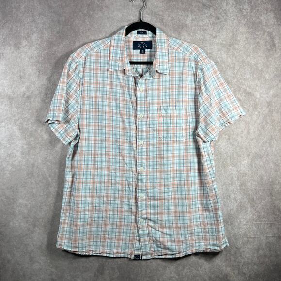 Even Tide Lei Shirt Mens XL Coral Aqua Plaid Cotton Linen Blend Button Up Casual - Picture 1 of 9
